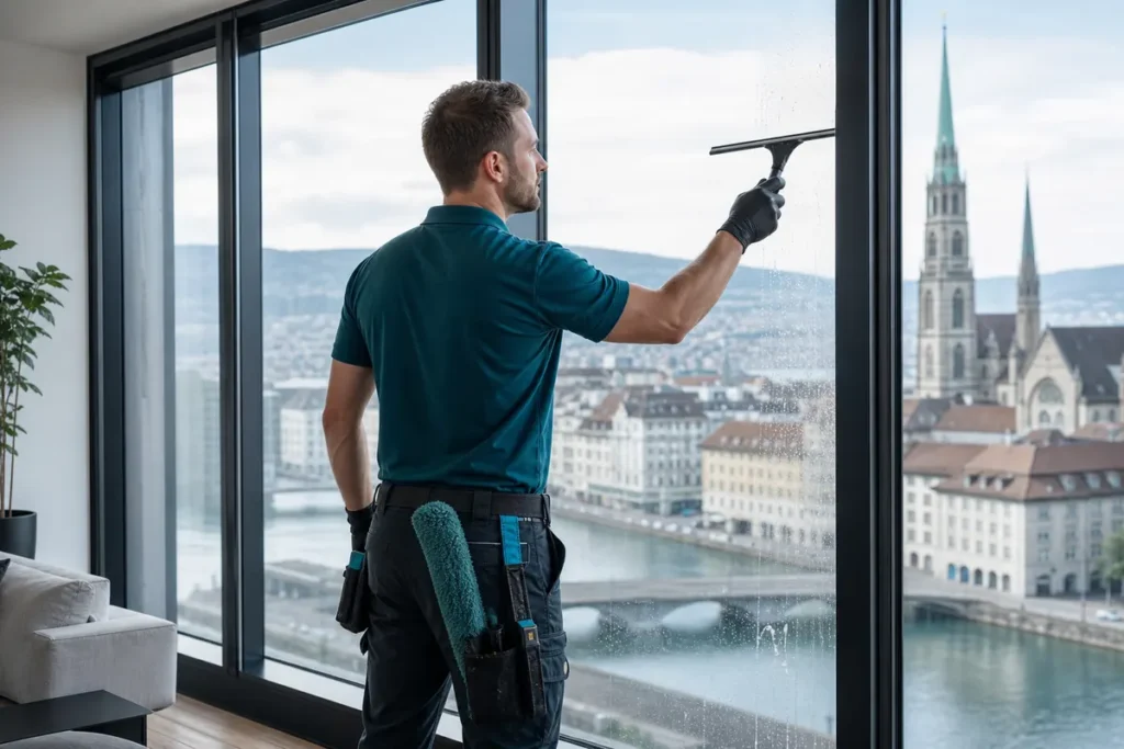 Professionelle Fensterreinigung mit Blick über Zürich