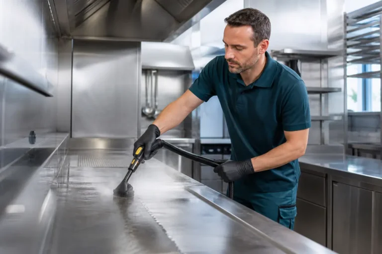 Professionelle Spezialreinigung mit Dampf in einer Gewerbeküche